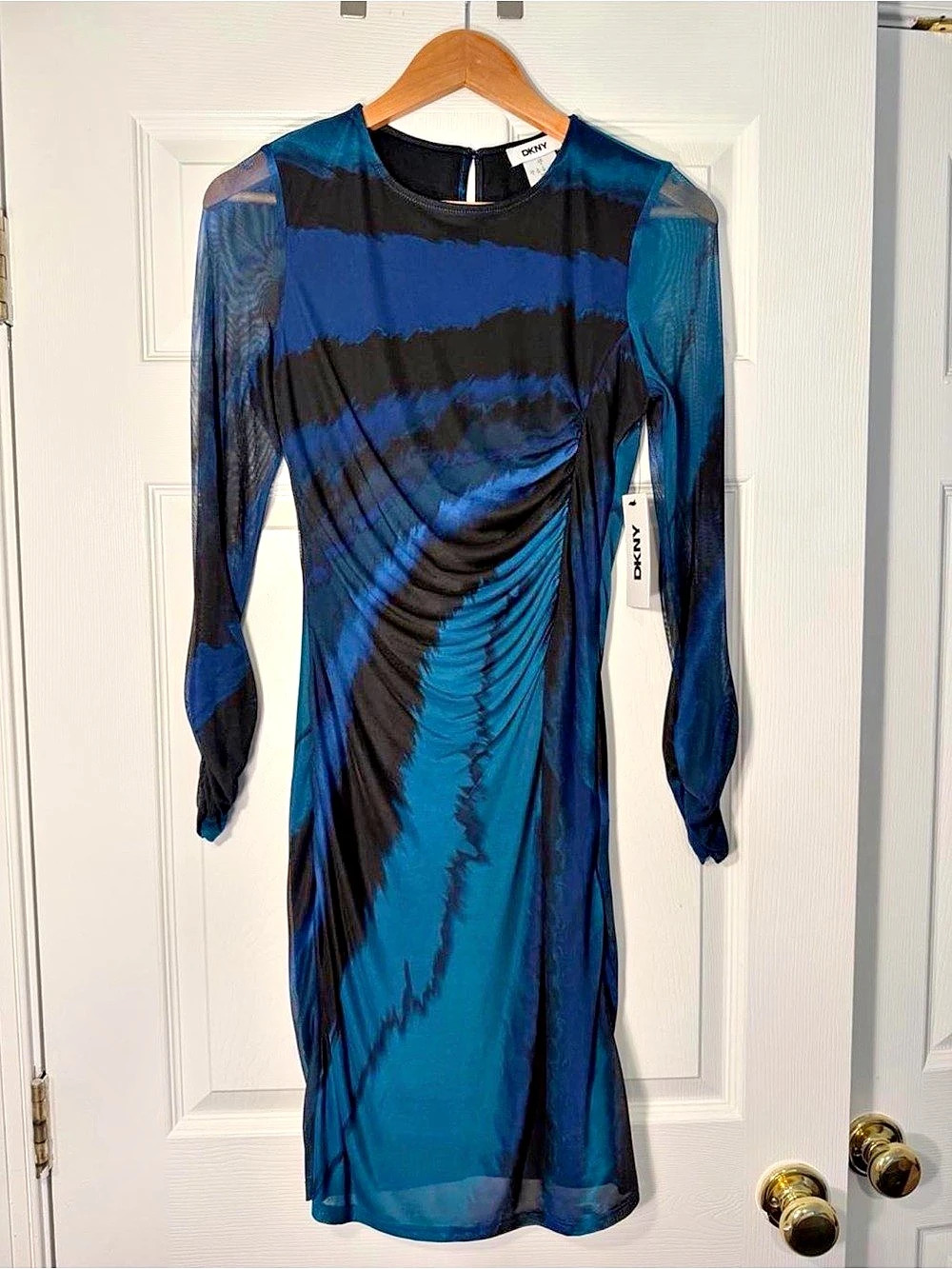 DKNY Printed Mesh Scrunch Sheath Dress Abstract Mesh Midi Dress Blue Black Size
